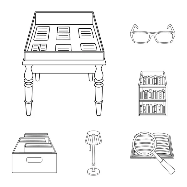 Knihkupectví a knihovny osnovy ikony v kolekce sady pro design. Knih a vybavení vektorové ilustrace symbolů akcií web. — Stockový vektor