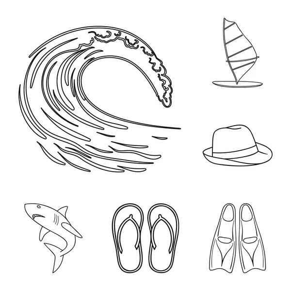 Iconos de surf y esquemas extremos en la colección de conjuntos para el diseño. Surfista y accesorios vector símbolo stock web ilustración . — Vector de stock