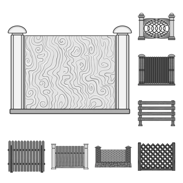Diferentes iconos de valla monocromo en la colección de conjuntos para el diseño. esgrima decorativa vector símbolo stock web ilustración . — Archivo Imágenes Vectoriales