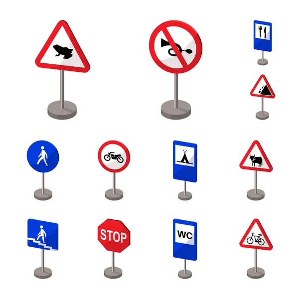 Diferentes tipos de sinais de estrada ícones dos desenhos animados na coleção de conjuntos para design. Sinais de advertência e proibição Símbolos vetoriais ilustração web . —  Vetores de Stock