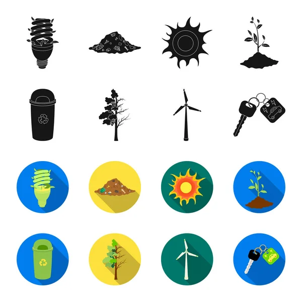 A garbage can, a diseased tree, a wind turbine, a key to a bio car.Bio and ecology set collection icons in black,flet style vector symbol stock illustration web. — Stock Vector