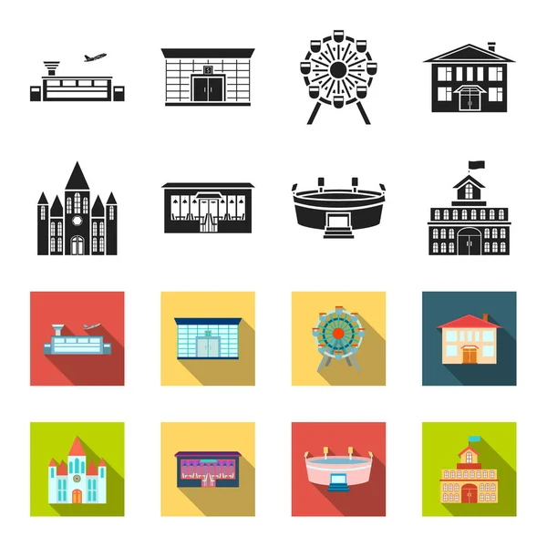 Haus der Regierung, Stadion, Café, church.building Set Sammlung Symbole in schwarz, Flet-Stil Vektor Symbol Stock Illustration Web. — Stockvektor