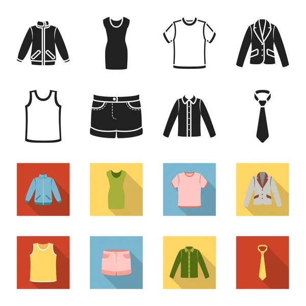 Skjorta med långa ärmar, shorts, T-shirt, slips. Kläder som samling ikoner i svart, flet stil vektor symbol stock illustration web. — Stock vektor