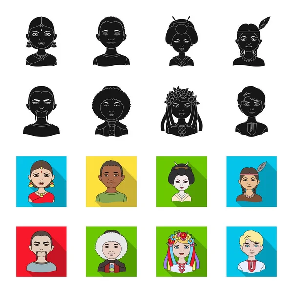 Číňané, ukrajinské, ruské, eskimo. Lidská rasa sada kolekce ikon v černé, ubýval stylu vektor symbol skladem ilustrace web. — Stockový vektor