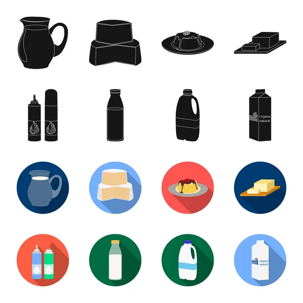 Mjölk, kalcium, produkt, mat. Mjölkprodukt och sweet in samling ikoner i svart, flet stil vektor symbol stock illustration web. — Stock vektor