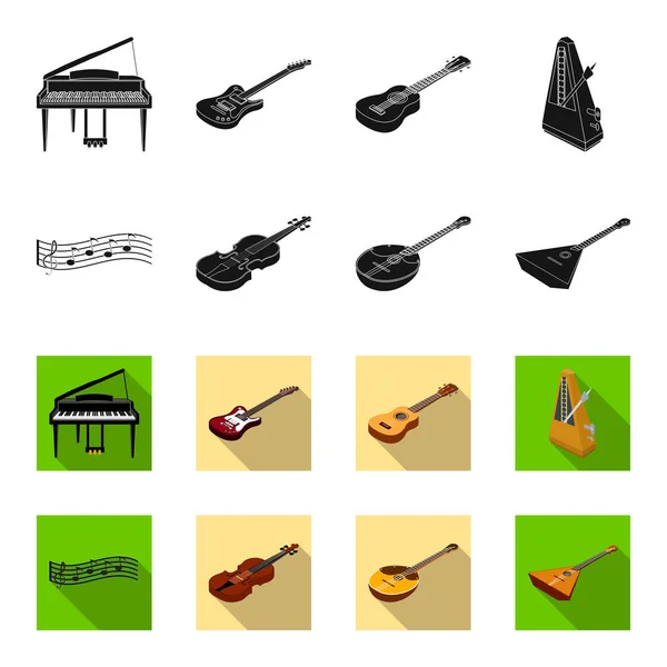 Musikinstrument schwarz, Flet-Icons in Set-Kollektion für Design. Saiten- und Blasinstrument isometrisches Vektor-Symbol Stock Web Illustration. — Stockvektor