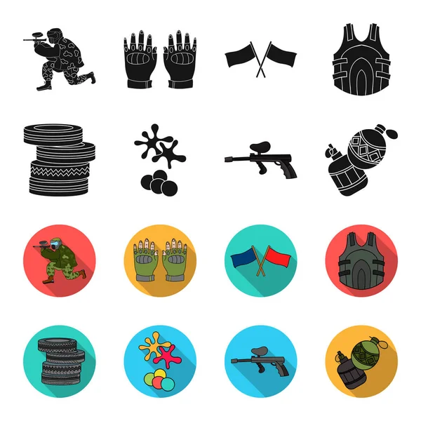 Competencia, concurso, equipo, neumáticos .Paintball conjunto de iconos de la colección en negro, flet estilo vector símbolo stock ilustración web . — Vector de stock
