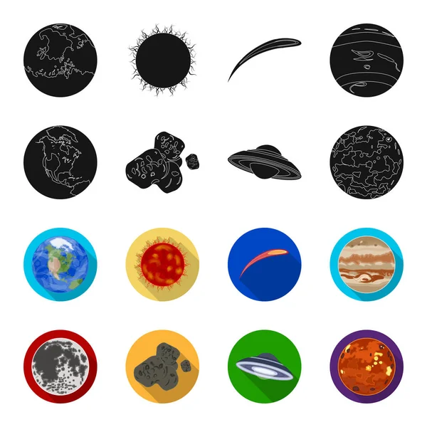 Luna, Venus del planeta del sistema solar. Nil, un meteorito. Planetas conjunto de iconos de colección en negro, flet estilo vector símbolo stock ilustración web . — Archivo Imágenes Vectoriales