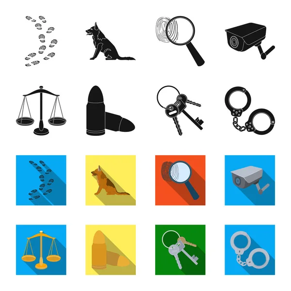 Scales of justice, cartridges, a bunch of keys, handcuffs.Prison set collection icons in black, flet style vector symbol stock illustration web . — стоковый вектор