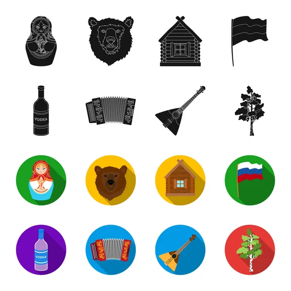 Rusia, país, vodka, acordeón. Rusia país conjunto de iconos de la colección en negro, flet estilo vector símbolo stock ilustración web . — Archivo Imágenes Vectoriales