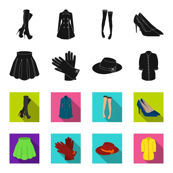 Φούστα με πτυχώσεις, γυναικείο καπέλο με ένα τόξο, δερμάτινα γάντια, πουκάμισο της βίδας. Γυναικεία ρούχα συλλογή εικόνες που σε μαύρο, flet στυλ διάνυσμα σύμβολο μετοχής εικονογράφηση web. — Διανυσματικό Αρχείο