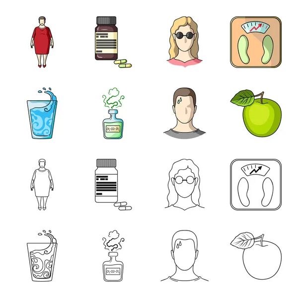 Bir bardak su, bir şişe alkol, terleme bir adam, bir elma. Diabeth çizgi film, anahat stili vektör simge stok çizim web simgeler ayarla. — Stok Vektör