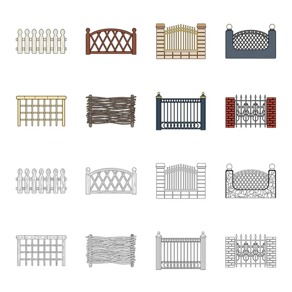 Una cerca de metal y ladrillos, empalizada de madera. Una valla diferente conjunto de iconos de colección en dibujos animados, contorno estilo vector símbolo stock ilustración web . — Vector de stock
