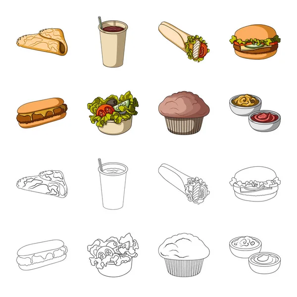 Essen, Erholung, Erfrischungen und andere Web-Symbole in Cartoon, Outline Style.cake, Keks, Sahne, Symbole in Set Collection. — Stockvektor