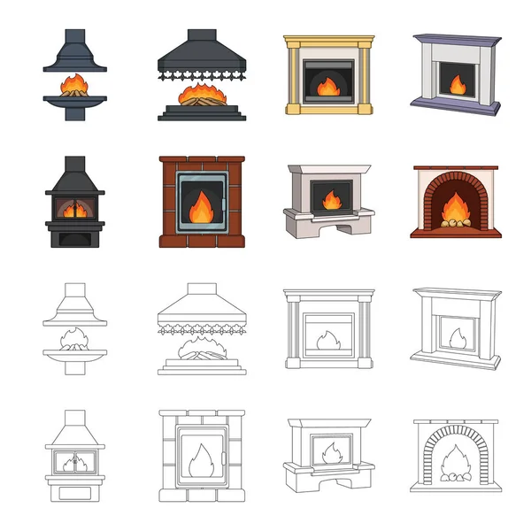Fuego, calidez y comodidad. Chimenea conjunto colección iconos en dibujos animados, contorno estilo vector símbolo stock ilustración web . — Vector de stock