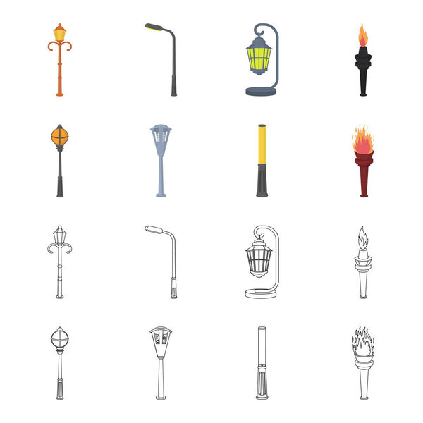 Lamppost in retro style, modern lantern, torch and other types of streetlights. Lamppost set collection icons in cartoon,outline style vector symbol stock illustration web.