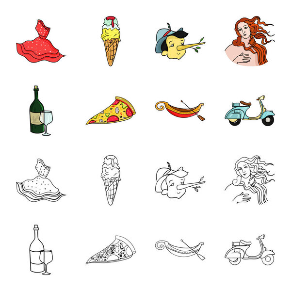 A bottle of wine, a piece of pizza, a gundola, a scooter. Italy set collection icons in cartoon,outline style vector symbol stock illustration web.