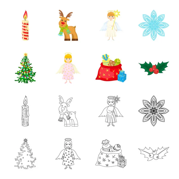 Weihnachtsbaum, Engel, Geschenke und Stechpalme Cartoon, umreißen Symbole in Set-Kollektion für Design. weihnachten vektor symbol stock web illustration. — Stockvektor