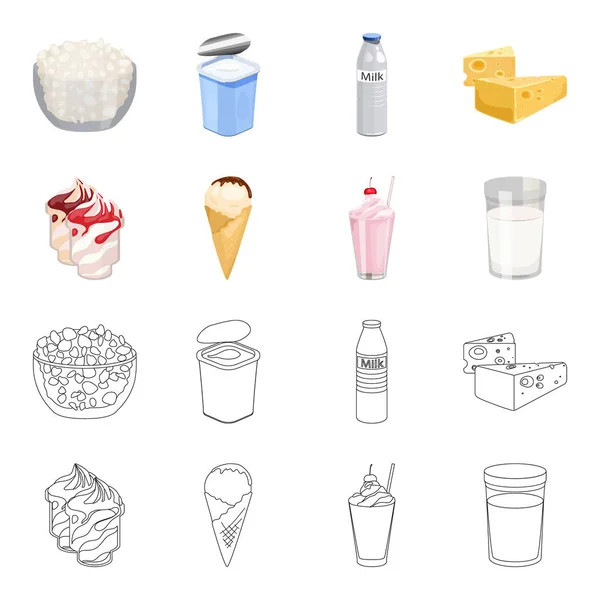 Leche, calcio, producto, alimentos .Milk producto y los iconos de la colección conjunto dulce en la historieta, contorno estilo vector símbolo stock ilustración web . — Vector de stock