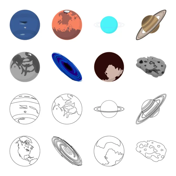 Mercúrio, Plutão do Planeta do Sistema Solar. Um buraco negro e um meteorito. Planetas conjunto coleção ícones em desenhos animados, esboço estilo vetor símbolo estoque ilustração web . — Vetor de Stock