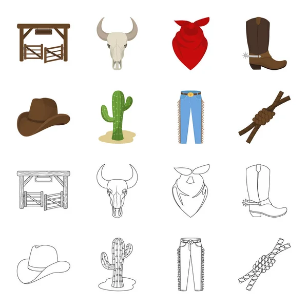 Klobouk, kaktus, džíny, uzel na nepravidelný. Rodeo sada kolekce ikon v karikatuře, osnovy styl vektor symbol akcií ilustrace web. — Stockový vektor