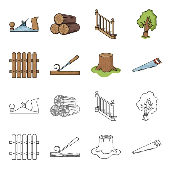 Забор, долото, пень, ножовка для дерева. Иконки коллекций пиломатериалов и древесины в мультипликационной паутине с векторными символами очертаний . — стоковый вектор