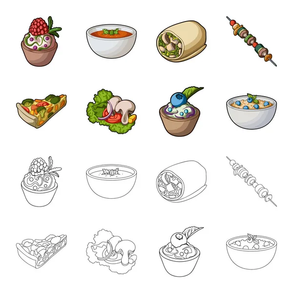 Stück vegetarische Pizza mit Tomaten, Salatblätter mit Pilzen, Blaubeerkuchen, vegetarische Suppe mit Gemüse. Vegetarische Gerichte Set Sammlung Symbole in Cartoon, Umriss Stil Vektor Symbolstock — Stockvektor