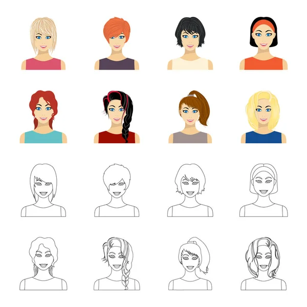Types de dessins animés de coiffures féminines, icônes de contour dans la collection de jeu pour la conception. Apparence d'une femme vecteur symbole stock web illustration . — Image vectorielle