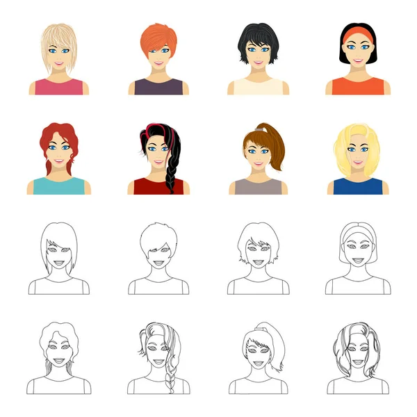 Tipos de penteados femininos desenhos animados, ícones de contorno na coleção de conjuntos para design. Aparência de uma mulher vetor símbolo web ilustração . — Vetor de Stock