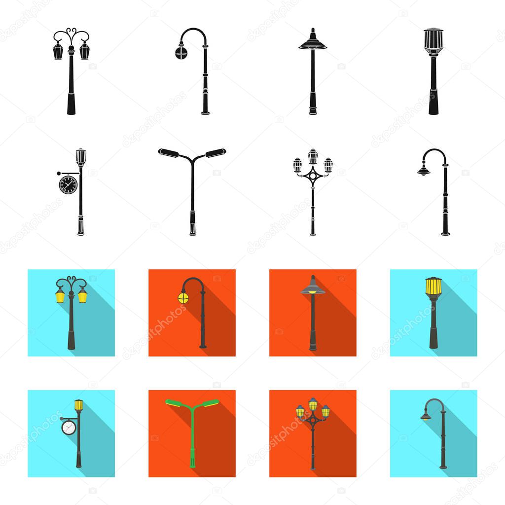 Lamppost in retro style,modern lantern, torch and other types of streetlights. Lamppost set collection icons in black,flet style vector symbol stock illustration web.