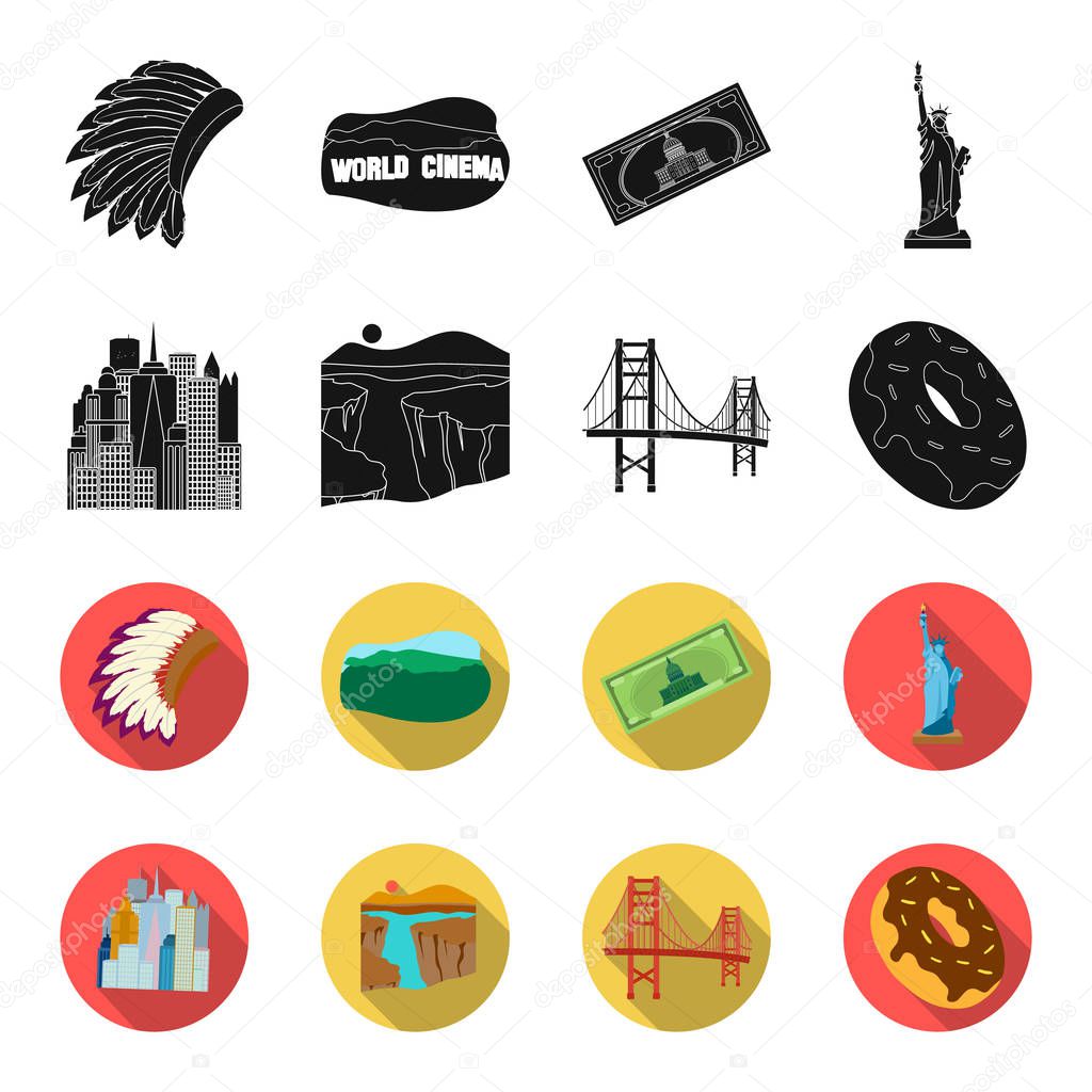 A megacity, a grand canyon, a golden gate bridge,donut with chocolate. The US country set collection icons in black,flet style vector symbol stock illustration web.
