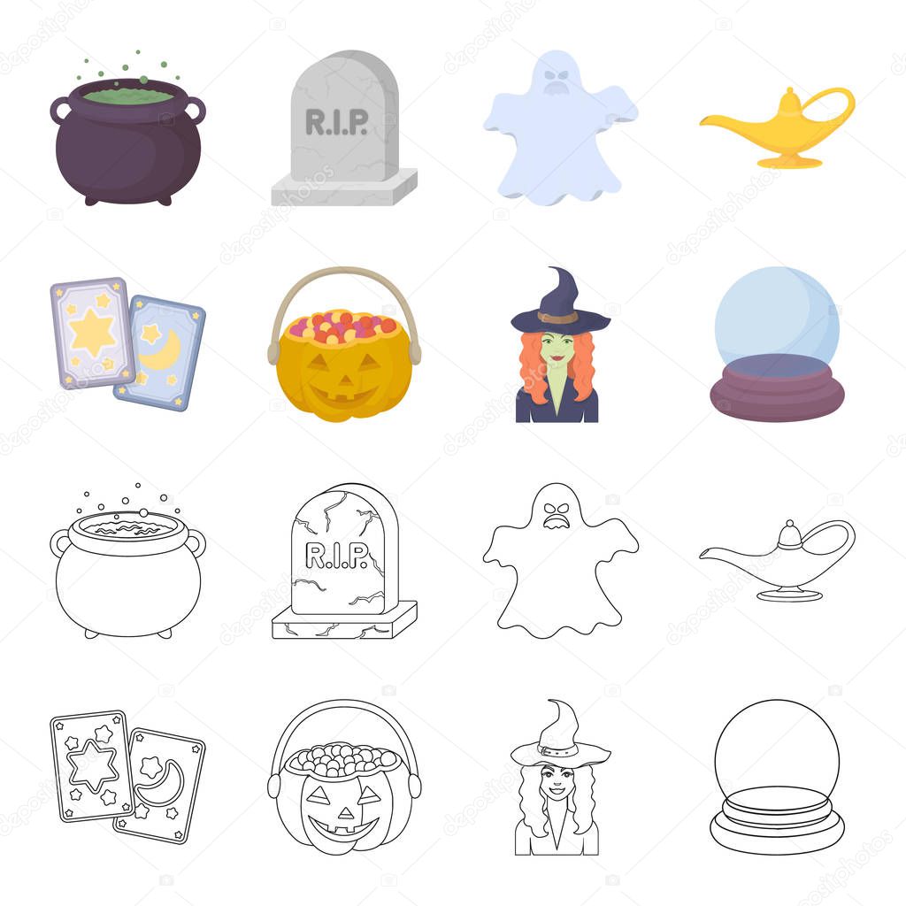 Tarot cards, holiday halloween, magician in a hat, crystal ball. Black and white magic set collection icons in cartoon,outline style vector symbol stock illustration .