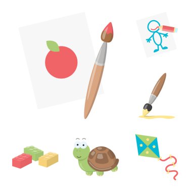 Çocuk karikatür simgeleri set koleksiyonu tasarım için oyuncak. Oyun ve önemsiz şey sembol stok web illüstrasyon vektör.