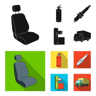 Koltuk başlığına takılan mikrofonlu, yangın söndürücü, araba mum, benzin istasyonu, araba ile küme toplama simgeler siyah, düz stil vektör simge stok çizimde Web sandalye.