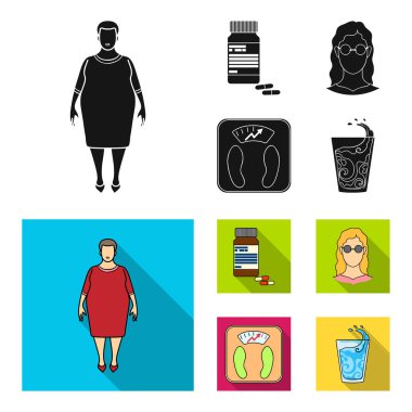 Tam kadın, gözlüklü bir kız, bir terazi ile mükemmel sonuç. Diabeth toplama simgeler siyah, düz stil vektör simge stok çizim web içinde ayarla..