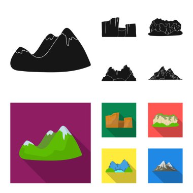 Yeşil dağlar kar başında, bir kanyon, kayalar ile ormanları, bir lagün ve kayalar ile. Farklı dağlar toplama simgeler siyah, düz stil vektör simge stok çizim web içinde ayarla..
