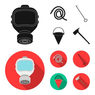 Gaz maskesi, hortum, kova, bagore. İtfaiye toplama simgeler siyah, düz stil vektör simge stok çizim web içinde ayarla..