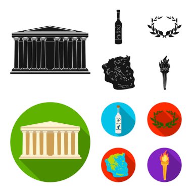 Yunanistan, ülke, gelenek, dönüm noktası. Yunanistan toplama simgeler siyah, düz stil vektör simge stok çizim web içinde ayarla..