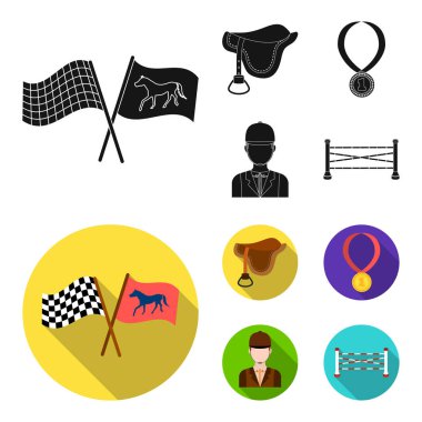 Eyer, madalya, şampiyon, kazanan. Hipodrom ve at toplama simgeler siyah, düz stil vektör simge stok çizim web ayarla.