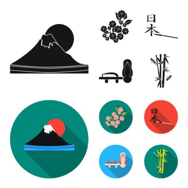 Geta, sakura çiçekler, bambu, hiyeroglif. Japonya toplama simgeler siyah, düz stil vektör simge stok çizim web içinde ayarla..
