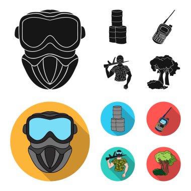 Ekipman, maske, varil, barikat. Paintball toplama simgeler siyah, düz stil vektör simge stok çizim web içinde ayarla..