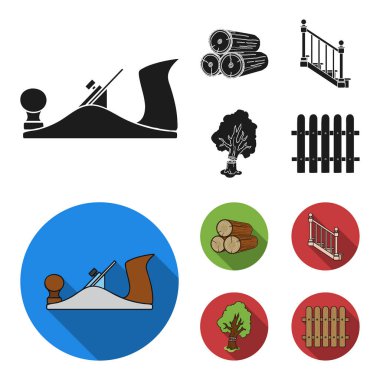 Bir yığın, uçak, ağaç, Merdiven küpeşte ile açar. Kereste ve ahşap toplama simgeler siyah, düz stil vektör simge stok çizim web ayarla.