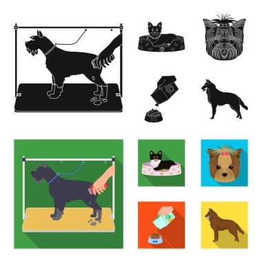 Bir tembel, bir namlu bir hayvan, bir besleme ile bir kase, çoban köpeği dişlerini bir top ile bir köpek. Evde beslenen hayvan, köpek bakım toplama simgeler siyah, düz stil vektör simge stok çizim web ayarla.