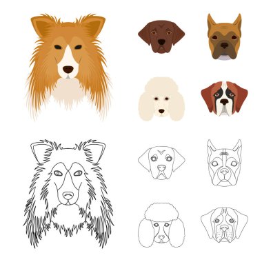 Farklı doğurmak-in köpek ağızlık. Kömür ocağı doğurmak köpek, lobladore, fino köpeği, boksör çizgi film, anahat stili vektör simge stok çizim web simgeler ayarla.