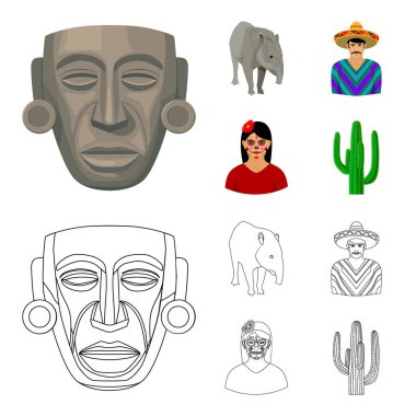 Tapir Meksika hayvan, panço, bir çiçek, bir kaktüs bir kadınla ulusal giysileri içinde bir Meksikalı. Meksika ülke toplama simgeler çizgi film, anahat stili vektör simge stok çizim web ayarla..