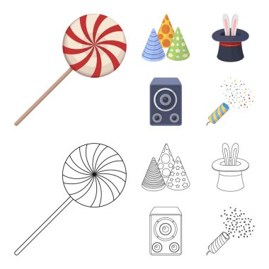 Hileci, müzik ve diğer aksesuarlar partide. Parti ve partits çizgi film, anahat stili vektör simge stok çizim web simgeler ayarla.