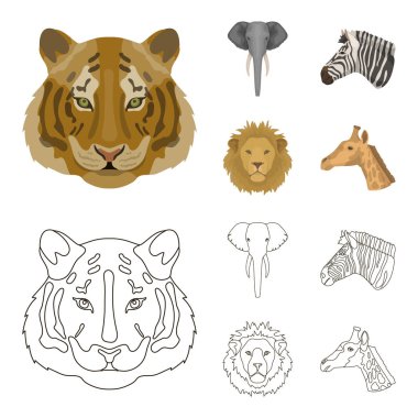 Kaplan, aslan, fil, zebra, gerçekçi hayvanlar karikatür, anahat stili vektör simge stok çizim web simgeler ayarla.