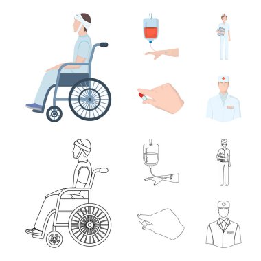 Travma, kan nakli, Doktor, bir doktorun elinde ilaç ile geçersiz. Medicineset toplama simgeler karikatür, anahat stili vektör simge stok çizim web.
