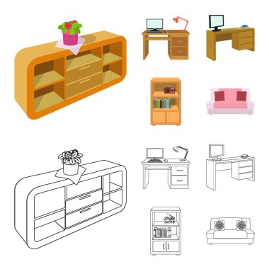 Bir çiçek, bir resepsiyon ile bir bilgisayar ve bir lamba, bir monitör ve bir kitap, bir kabine belgelerle ve bir radyo içeren bir tablo ile bir raf. Mobilya ve enteriyör toplama simgeler çizgi film, anahat stilini ayarla