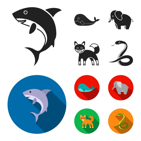 鯨、象、蛇、キツネ。動物は黒、フラット スタイル ベクトル シンボル ストック イラスト web でコレクションのアイコンを設定. — ストックベクタ